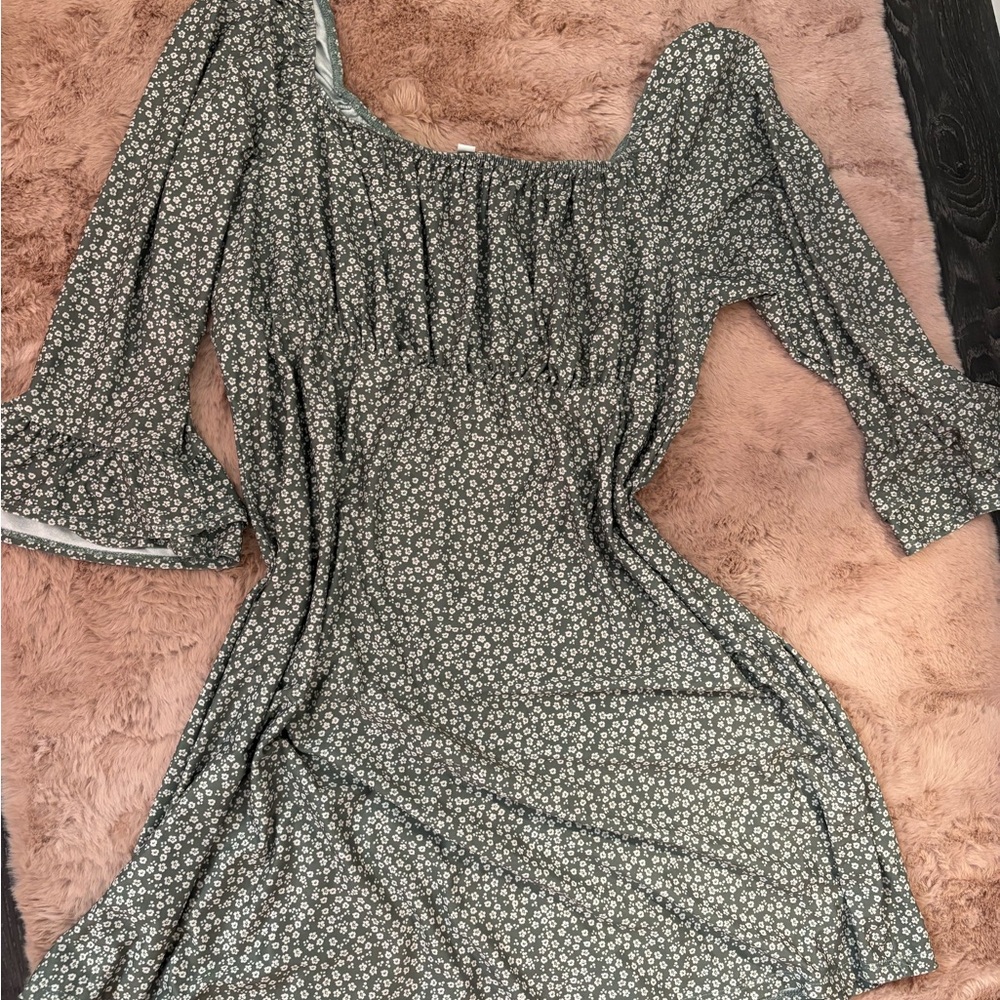 AUW Mid Sleeve Floral Dress in Green and White